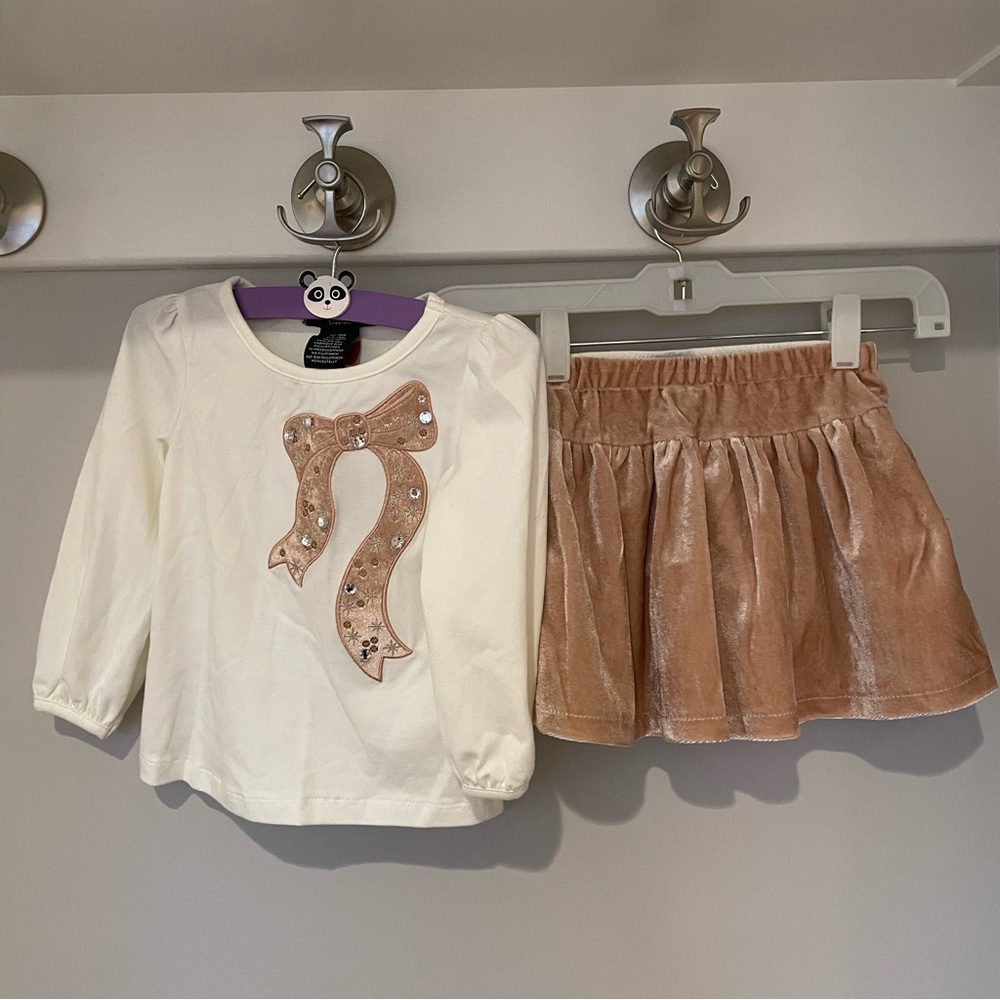 Tahari Bow Shirt, Velvet Skirt & Diaper Cover Cream & Tan Baby Girls 18M New